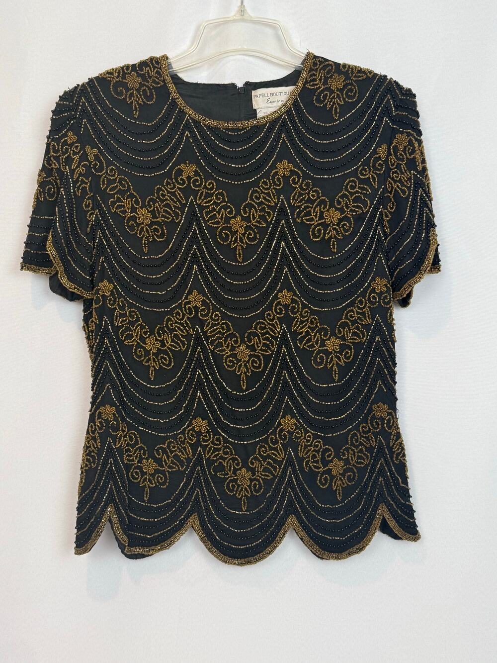 Vintage Papell Boutique Evening Black Gold Beaded Silk Top Art Deco L